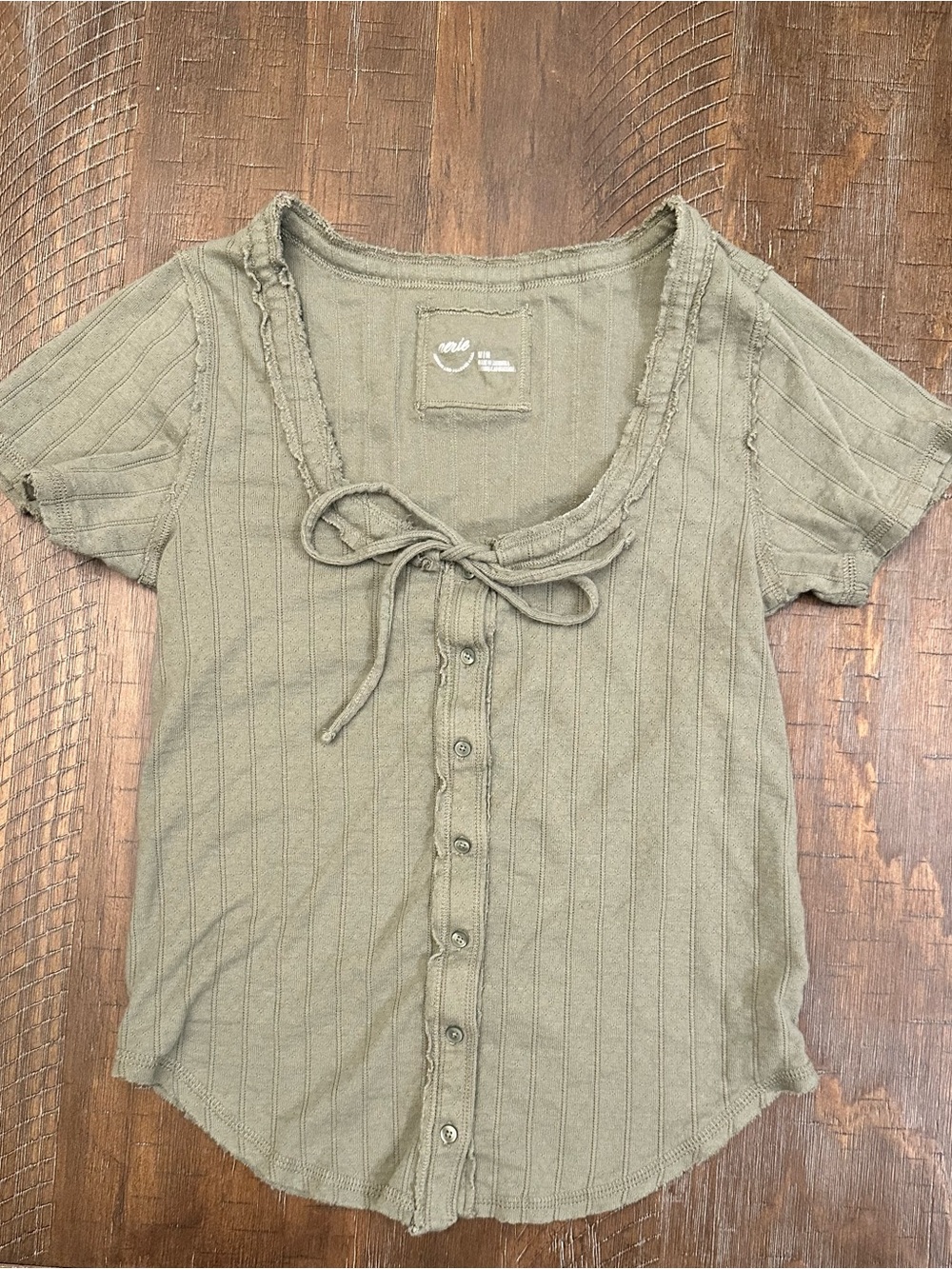 Aerie Olive Tie-Neck Ribbed Button Front Top